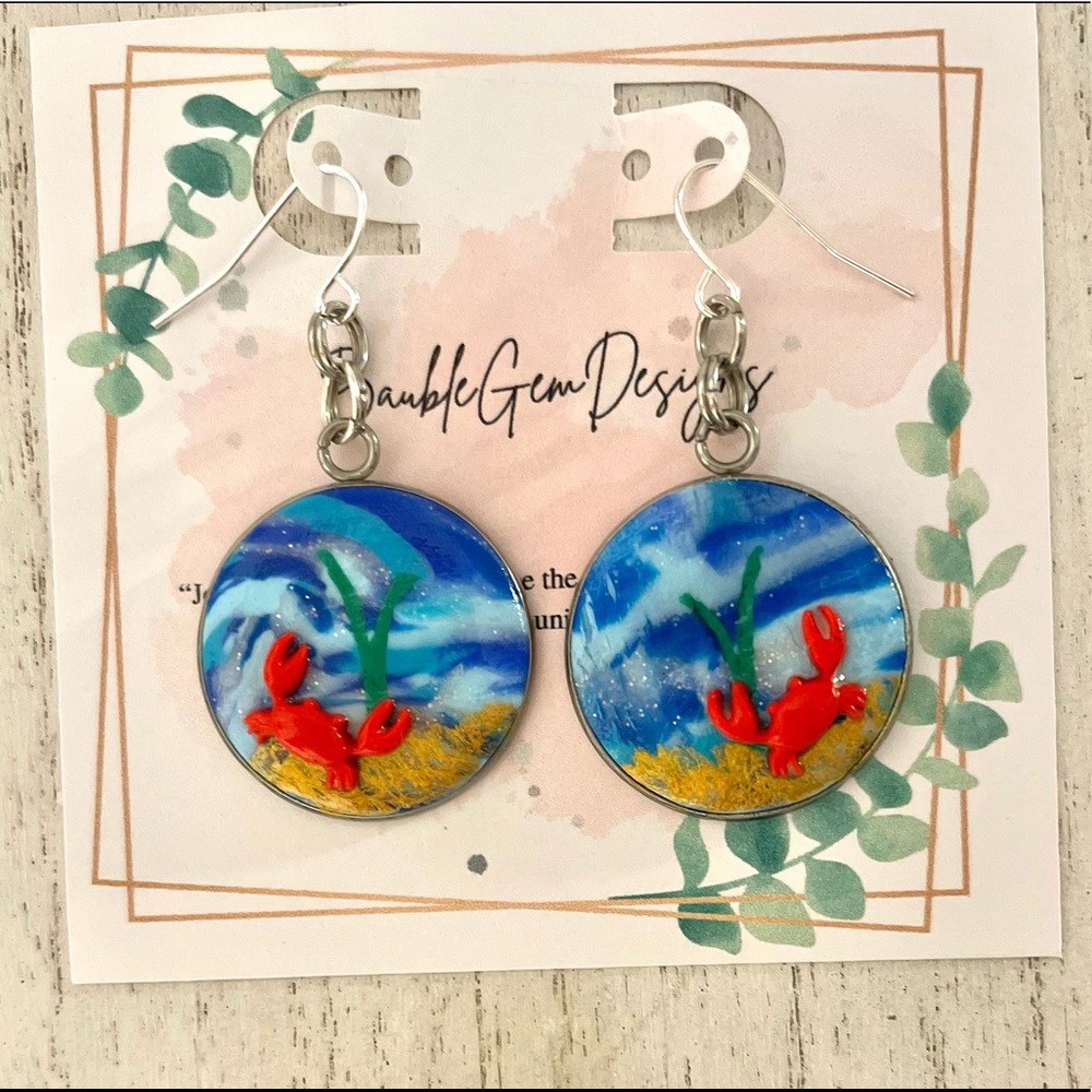 Crab Earrings- Silver plated Earring Hooks- stainless steel bezel- 2.5” long